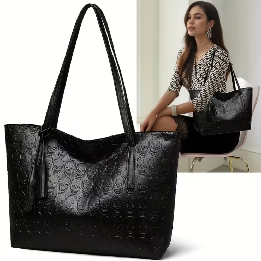 Women's PU Leather Skull Gothic Style Tasse Large Capacity‎ Tote Shoulder Purse